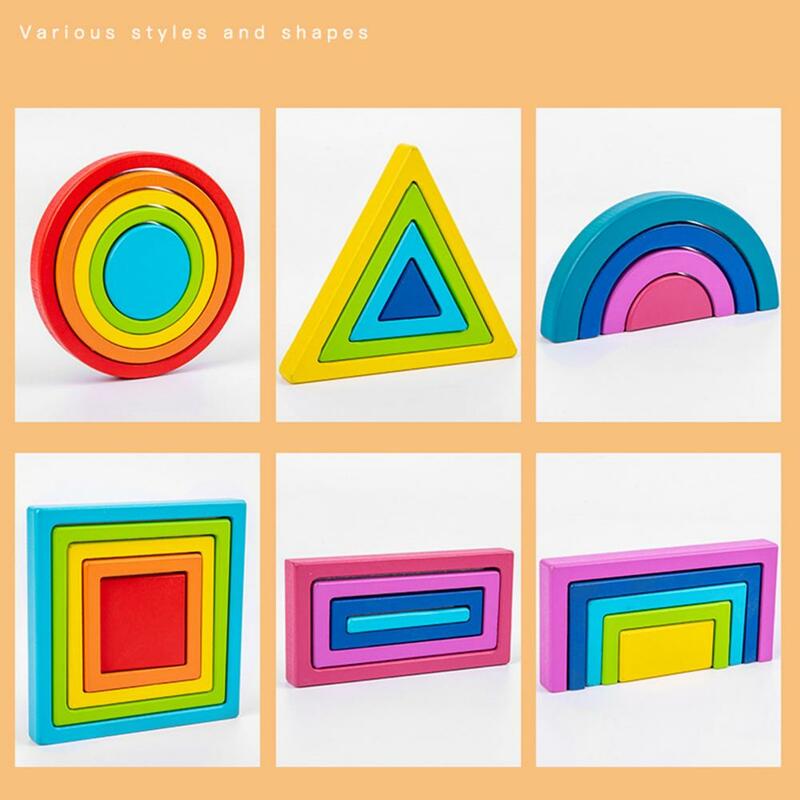Wooden Rainbow Color Block Colorful Wooden Geometric Building Blocks for Kids Educational Shape Cognition Puzzle Toy for Early