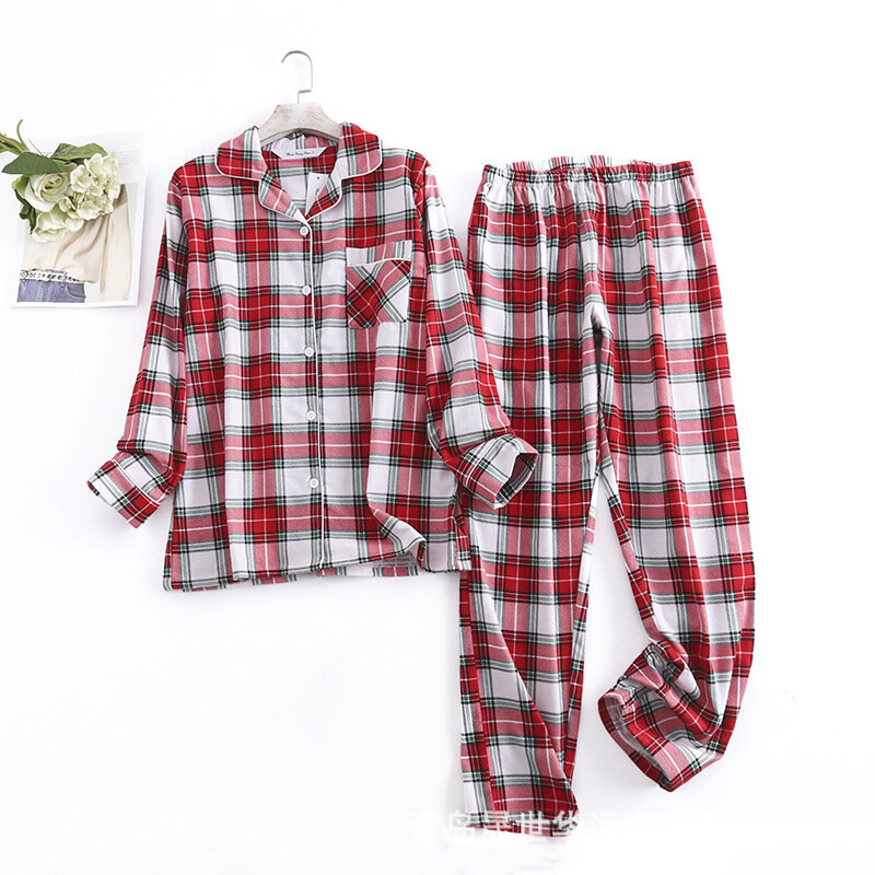 Autumn / Winter Cotton Flannel Women's Pajamas Plaid Long-sleeved Trousers Plus-size Simple Loose Loungewear Women Sleepwear
