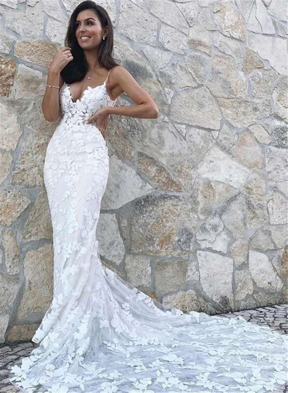 Boho Lace Appliques Wedding Dress Mermaid Bridal Dresses 2024 Spaghetti Straps Backless Beach Bridal Gowns Vestido De Noiva