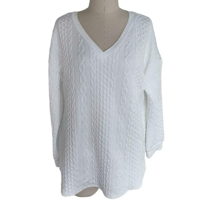 Camisola de tricô solta padrão torção para mulheres, pulôver gola v, jumper manga comprida, outono e inverno
