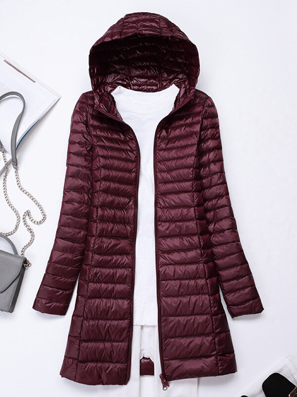 Koreański styl damskie kurtki ultralekkie doły 2023 nowe jesienne zimowe z kapturem wąskie płaszcze z piór damskie puchowe parki damskie płaszcz