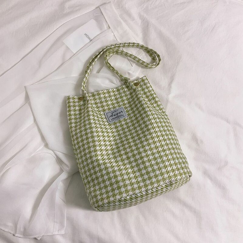 Large Capacity Women Shopping Bag New All-match Plaid Flower Shoulder Bags Cotton Cloth Messenger Bag