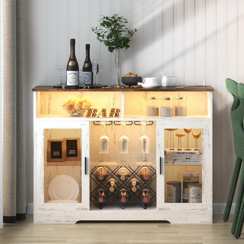 LVSOMT armario de Bar con estante para vino y soporte de vidrio, luces con Sensor LED, barra de café de granja, gabinete para licor y Vasos