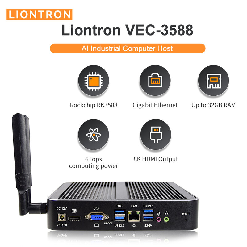 Liontron мини-ПК без вентилятора, мощный промышленный ПК, Восьмиядерный процессор RK3588, 32 ГБ ОЗУ, 6 топов NPU, 8K HDMI + VGA,Android 12 Linux