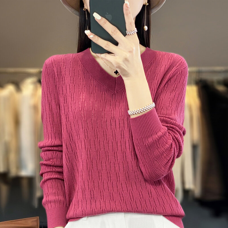 Женский трикотажный пуловер с V-образным вырезом и длинным рукавом