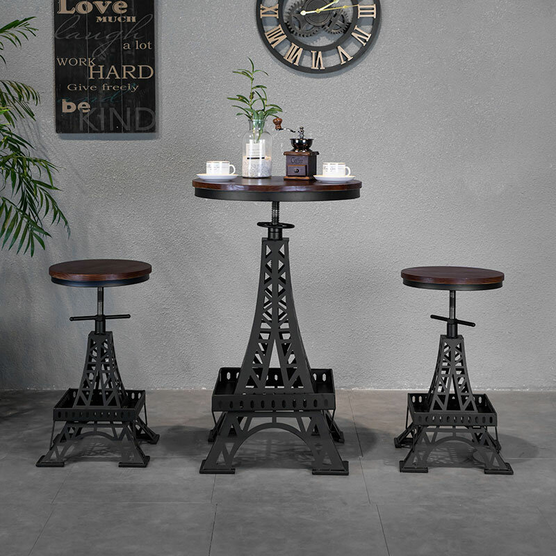 Kursi bar kayu padat besi, kursi dapat disesuaikan, bangku menara Paris, gaya industri, kursi kafe bar modern