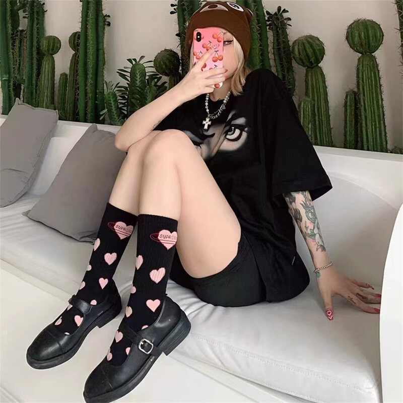 1Pair Japanese Korean College Style Love Heart Socks for Women's Girls Student Cotton Breathable Lolita JK Medium Tube Stockings