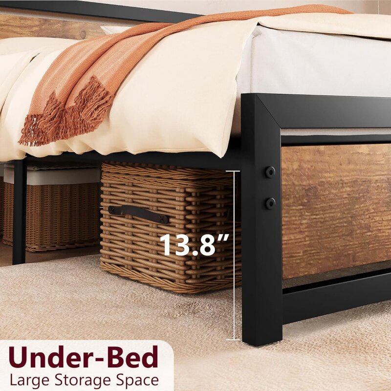 Platforma rama łóżka duży rozmiar IDEALHOUSE, przemysłowa rama łóżka typu King z drewnianym zagłówkiem i podnóżkiem bez sprężyny skrzynkowej, 14 i