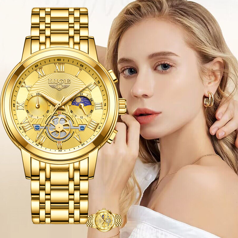 Nowy damski zegarek na rękę LIGE luksusowy wodoodporny świecący złoty zegarek dla kobiet sukienka ze stali nierdzewnej kwarcowy damski zegarek + pudełko