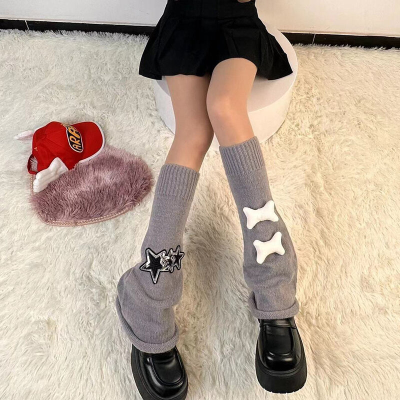 Y2k Goth Lolita gestreifte Beinlinge japanische Frauen Gothic Star 50cm lange Socken Gamaschen Knie Winter gestrickte Manschetten Knöchel wärmer
