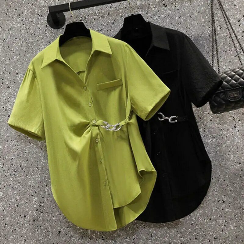 Women Summer Fashion Loose Large Size Chain Solid Color Polo-Neck Short Sleeve Shirts Women Clothes Casual All-match Top Tee