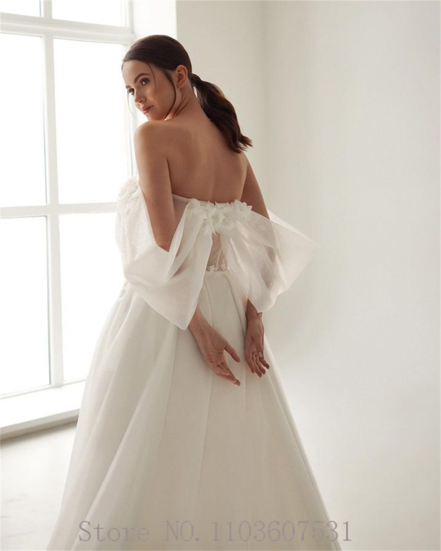 Платье Свадебное Плиссированное с цветочной аппликацией, открытыми плечами