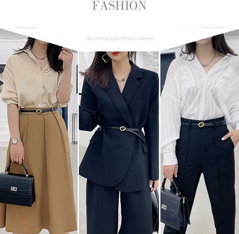 Cinto fino coreano para mulheres, cor sólida, couro genuíno, cinta de cintura, cintos de fivela lisos para senhoras para jeans, vestidos