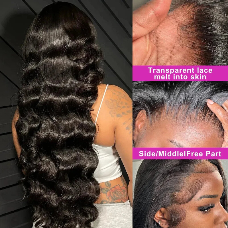 Perruque Lace Front Wig Body Wave brésilienne naturelle, cheveux humains, pre-plucked, HD, 13x6, 30 pouces, densité 180
