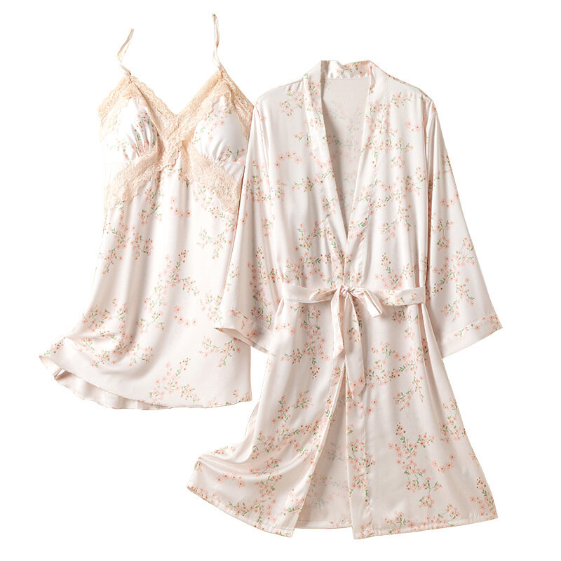 Sexy Twinset Robe Set Vrouwen Nachtkleding Pak Kanten Nachtjapon Zijdeachtig Satijnen Kimono Badjas Jurk Dames Loungekleding