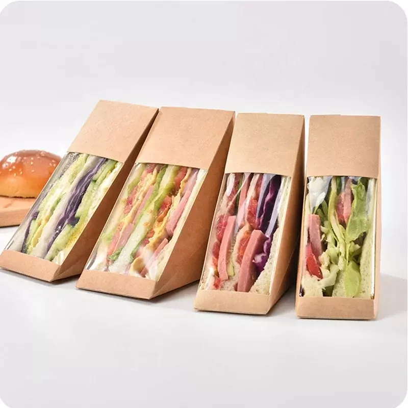 Caja de sándwich de Papel Kraft con forma de cuña, diseño personalizado, producto con ventana