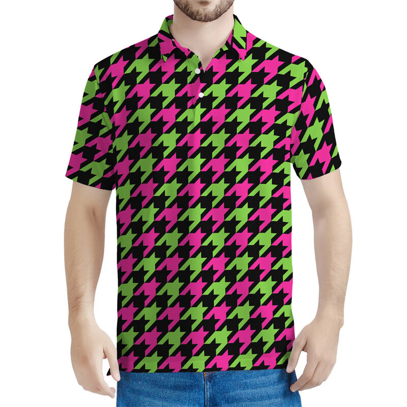 Fashion 3D Print Houndstooth Polo Shirt For Men Clothes Button T-Shirt Summer Street Short Sleeves Tops Oversized Laple Tees