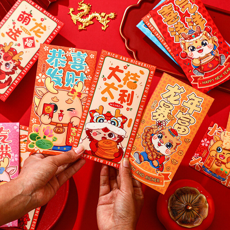 6 шт. китайский новогодний красный конверт на удачу, символ дракона, 2024 карманные конверты для денег, карманы с драконами, товары для фотографий