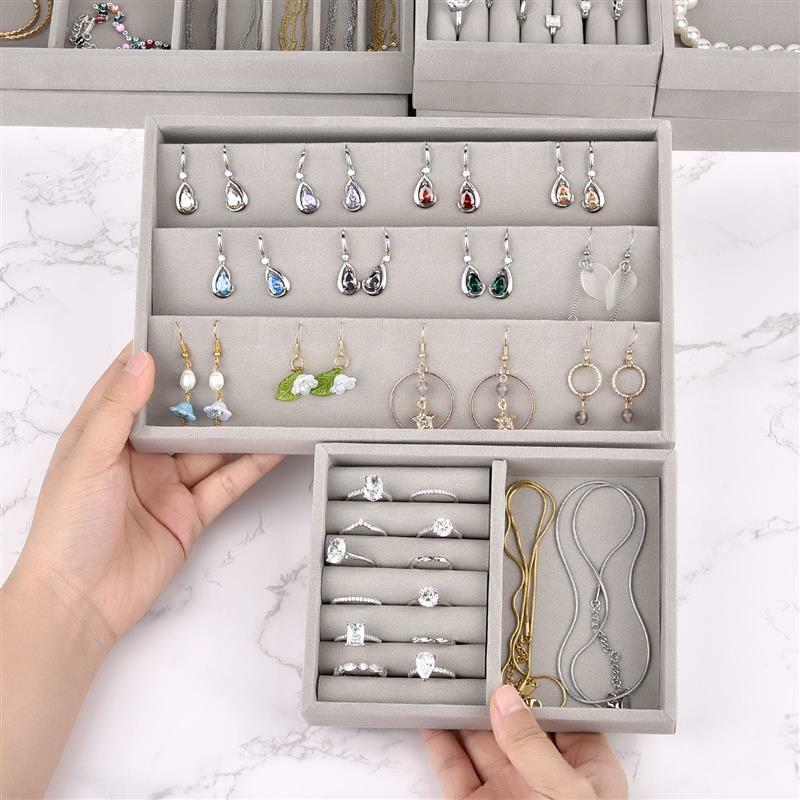 صندوق تخزين مجوهرات مخملي ، علبة عرض قابلة للتكديس ، أقراط ، خاتم ، منظمي أساور ، لتقوم بها بنفسك الحرف اليدوية ، درج رمادي
