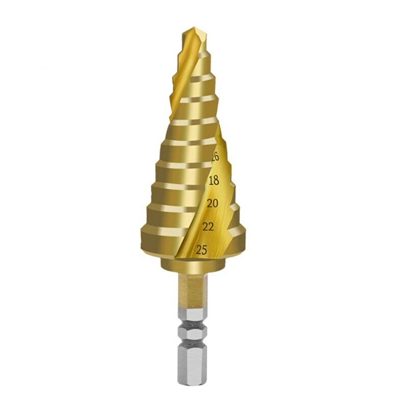 Broca de cono escalonado en forma de pagoda de 6-25 mm Vástago hexagonal en espiral HSS para revestimiento de titanio