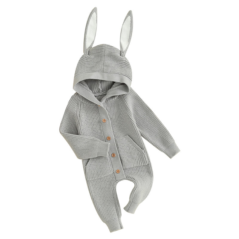 Infant Baby Boy Girl Easter Outfit Long Sleeve Ribbed Knitted Bunny Romper Hooded Cute Rabbit Ear Button Jumpsuit
