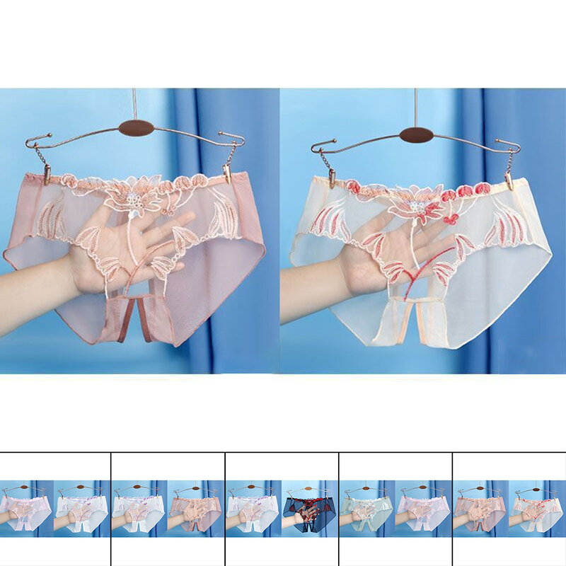 Sexy Women Briefs Floral Embroidery Underwear Ultra-thin Transparent Mesh Thong Open Crotch G-string Comfort Seamless Panties