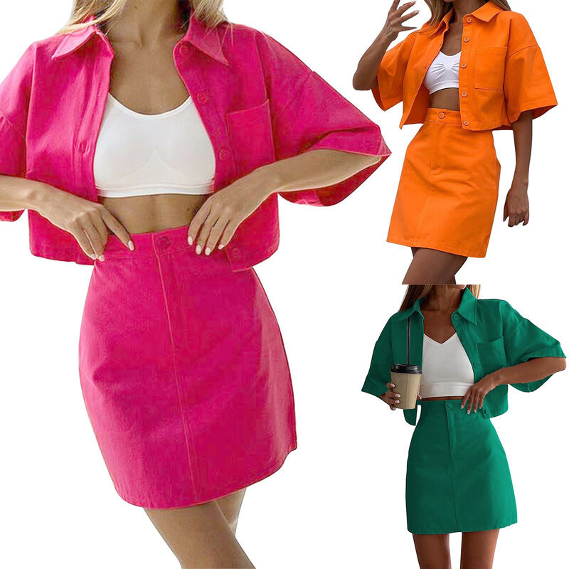 Punk Skirt Set Women'S Casual Commuting Half Skirt Short Skirt Shirt Suit Solid Color Fashion Blouse Outfits Ladies Streetwear