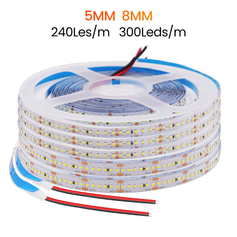 Lampu Strip LED 12V dengan pita perekat, lebar 5mm 8mm, pita LED fleksibel SMD1616 240LED/m 300Leds/m pita LED Bar lampu 5M