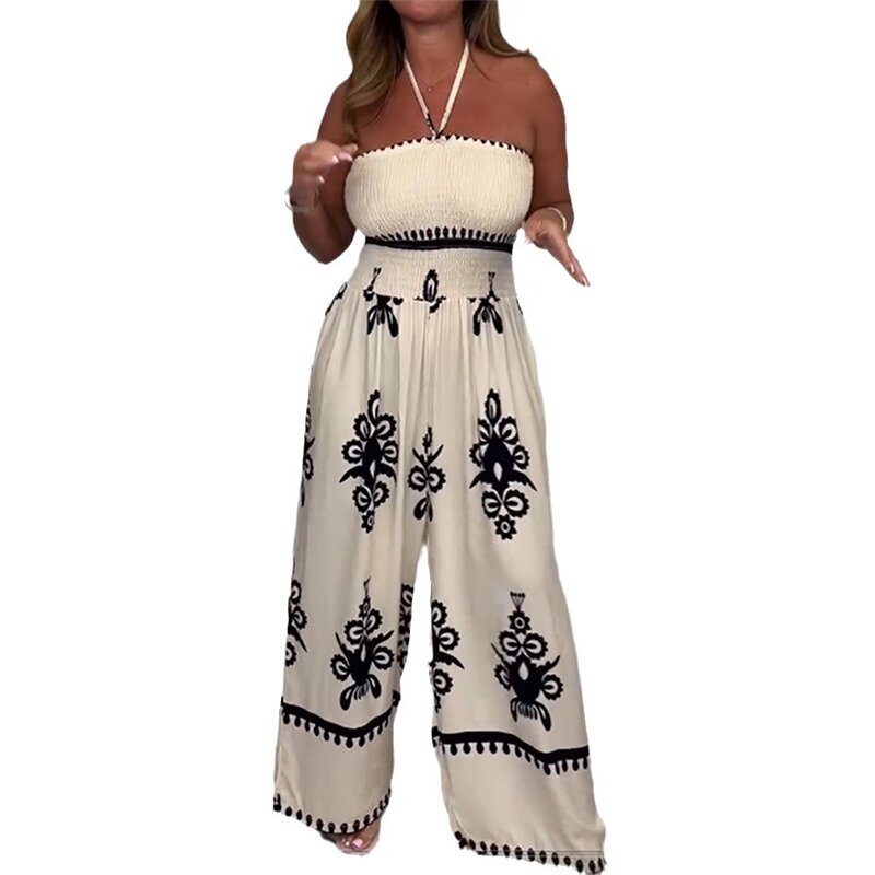 2024 Elegant Jumpersuit For Women Lady Suits Sexy Printed Off Shoulder Loose Strapless High Waist Corset Wide Leg Pants Overalls