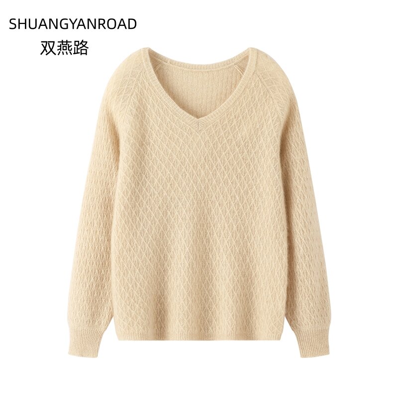 Sweater kerah V berongga untuk wanita, atasan Sweater wol rajutan longgar warna polos, Sweater lengan panjang musim gugur dan dingin 100%