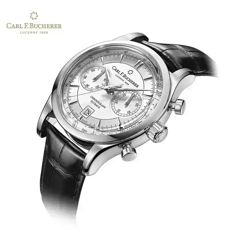 Nouveau conclus F. Bucherer-Montre à quartz avec bracelet en cuir pour homme, Marley Dragon Flyback, chronographe, cadran gris et bleu, montre de luxe