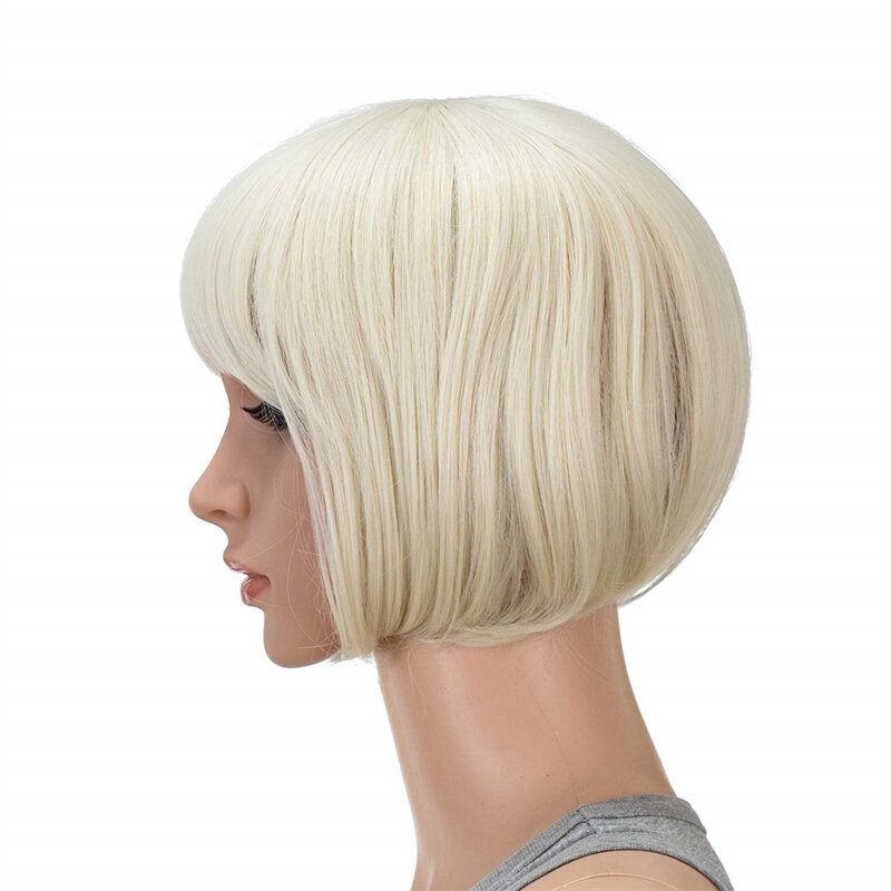 10 Inch Short Straight Bob Wig with Bangs Synthetic Colorful Cosplay Daily Party Wig for Women with Wig Cap (Platinum Bl