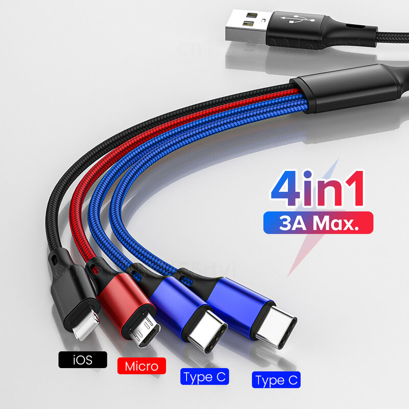 4in1 Kabel USB Tipe C 3in1 untuk iPhone 14 13 12 11 Pro Max 3 In 1 2 In 1 Kabel Pengisi Daya Kabel USB Mikro untuk Huawei Samsung Xiaomi