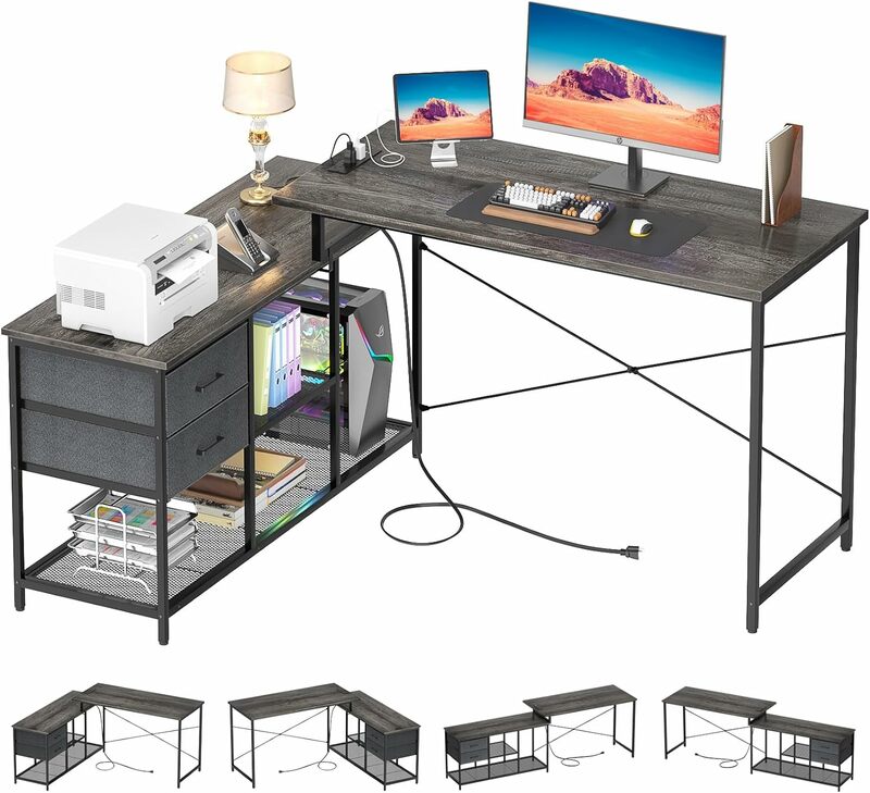 Homieasy-Mesa reversível em forma de L com tomada, casa longa, mesa de canto com gavetas e prateleiras de armazenamento