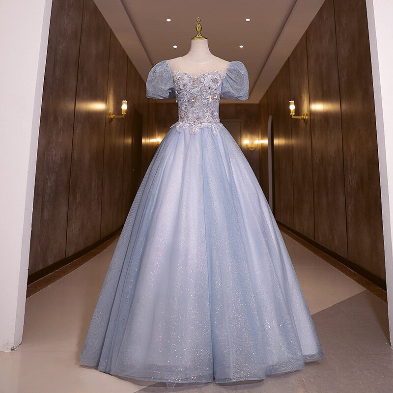Blue Ball Gown Prom Dress 3D Flower Appliqued Beads Glitter Sequins Evening Dress Short Sleeves Homecoming Robe De Mariée