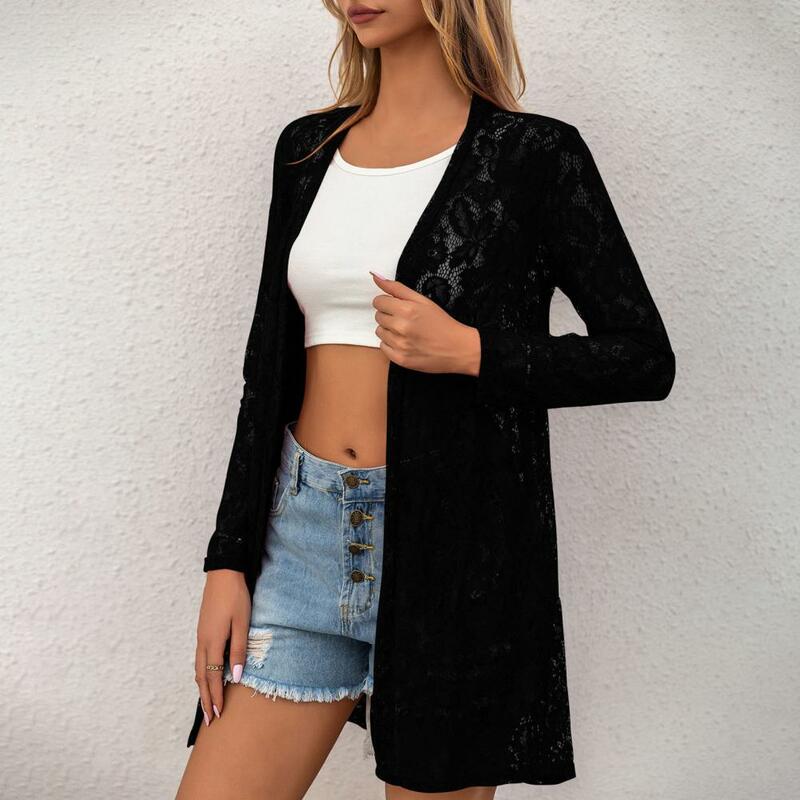 Lace Cardigan Fashionable Women's Lace Coat Elegant Mid-length Cardigan with Embroidery Lace Flower Pattern Outerwear for All