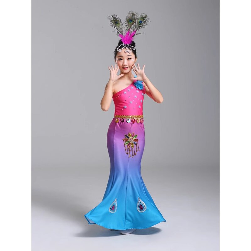 Vestido de dança infantil pavão, National Dai Practice Dress, saia de rabo de peixe para menina, novo