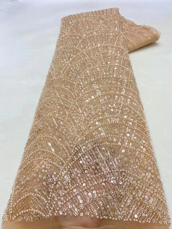 Tela de encaje de lentejuelas africanas de lujo, Material de línea dorada de fiesta nigeriana, bordado 3D de secuencia de red francesa, PL052-4, 2023