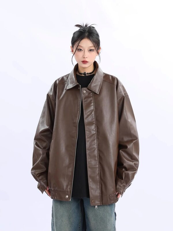 Jaket hitam kulit PU wanita, jaket Luaran hitam PU Musim Semi Vintage warna cokelat, mantel sepeda motor Korea longgar Y2k baru musim gugur 2023