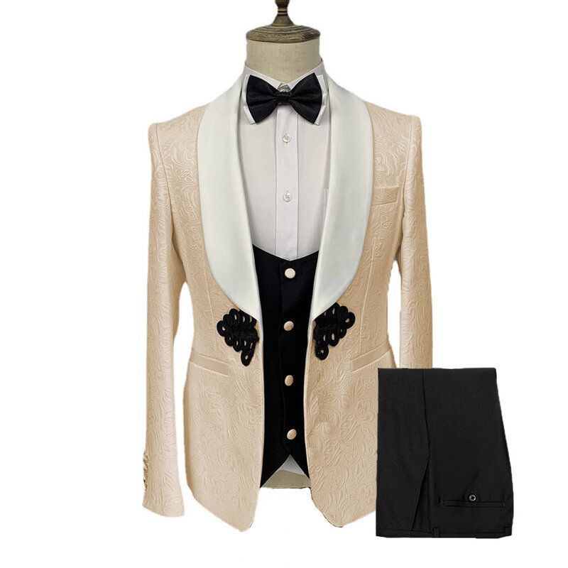 Мужской костюм из трех предметов, приталенный жаккардовый жакет с пряжкой для свадебного банкета, жакет для жениха, черный жилет с брюками