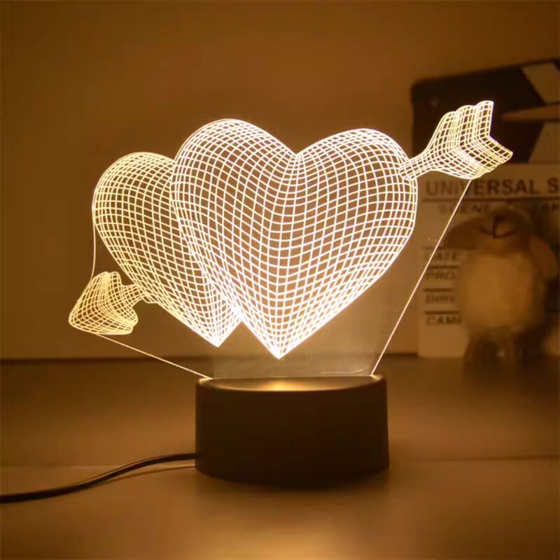 Lampu 3D cinta romantis, balon bentuk hati, lampu malam LED akrilik, lampu meja dekoratif Hari Valentine, hadiah istri kekasih