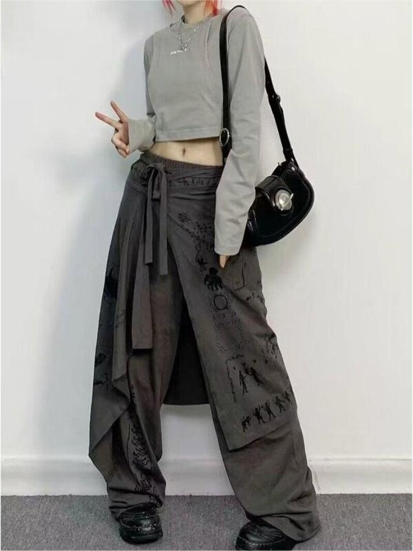 HOUZHOU Y2k Harajuku Oversize Skirt Over Pants Woman Gothic Vintage Patchwork Streetwear Japanese Style Korean Fashion Trousers