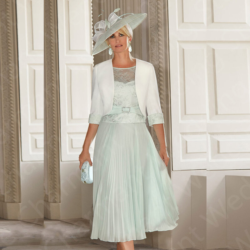 Neue Kontrast farbe Spitze Mutter der Braut Kleider zweiteilige Mutter kleider mit Jacke Hochzeits feier Kleid Tee Länge