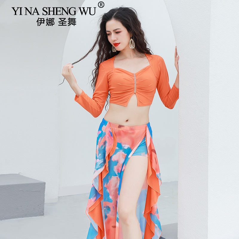 Kostium taneczny brzucha orientalna odzież do tańca dla kobiet siatkowy Top + nadrukowana długa spódnica Dancewear treningowy do tańca ubrania do tańca