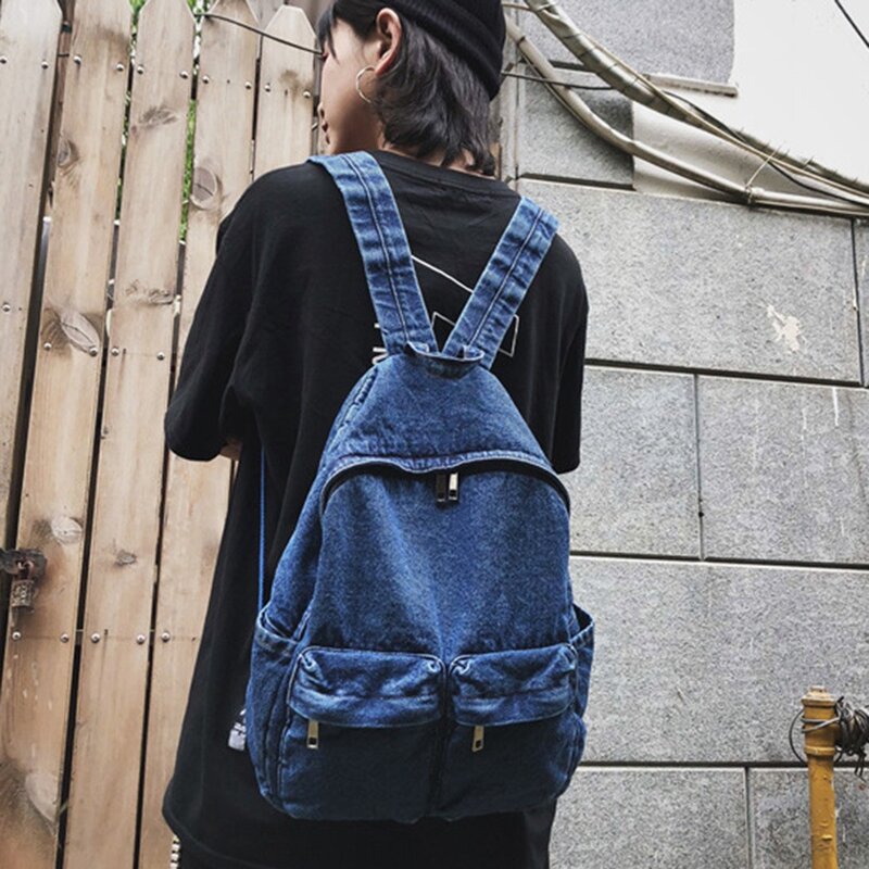 Denim Backpack Canvas Travel Bag Female Fashion Large Capacity Solid Color Backpack Student Zipper School Bag-Dark