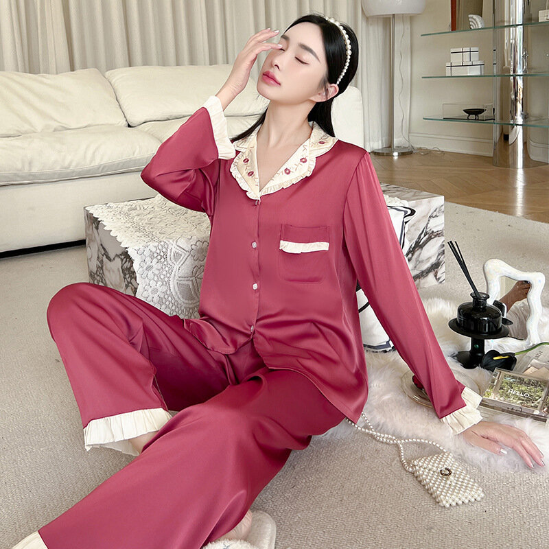 Conjunto de pijama de seda feminino, manga longa, cardigã de lapela, renda sexy, loungewear simples, pijama jovem, verão