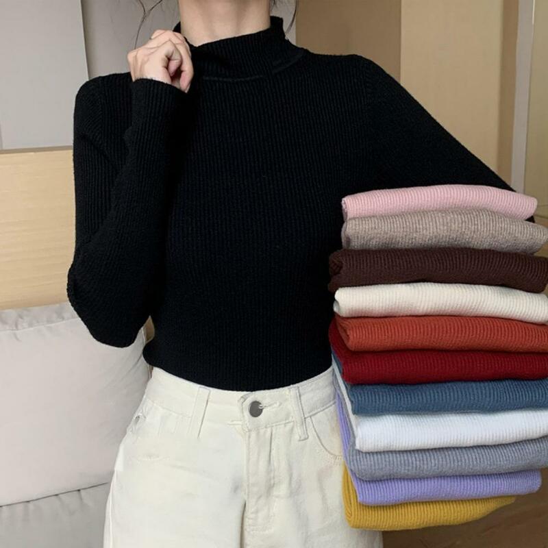 Suéter de manga larga para mujer, jersey liso de Cuello medio alto, ajustado, de punto elástico, ropa de calle, primavera y otoño