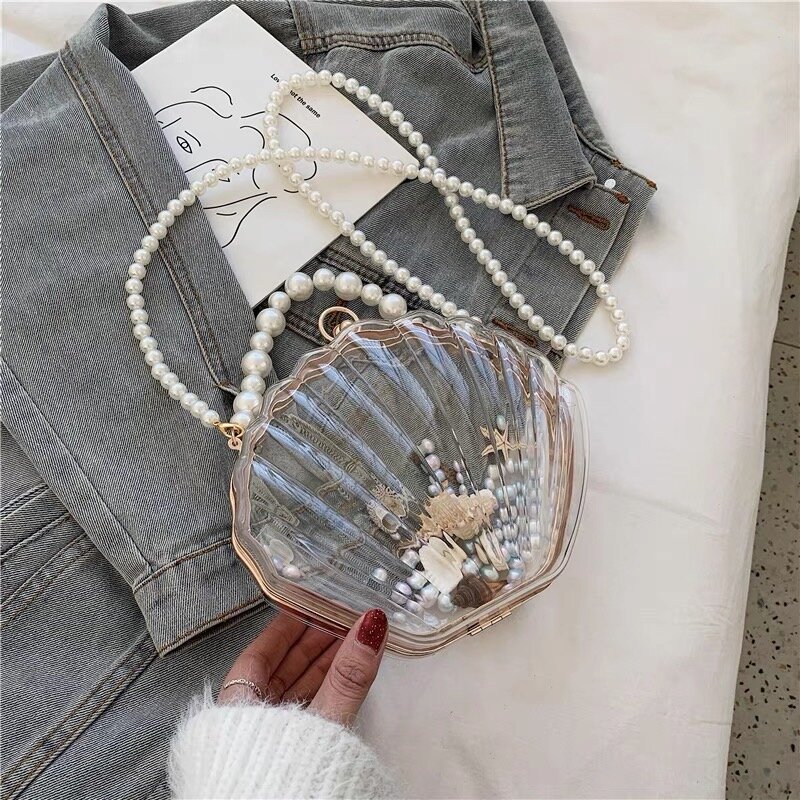 Mode Acryl transparente Muschel Design Umhängetasche für Frauen Perlen Ketten Handtaschen Süßigkeiten Farbe Umhängetaschen kleine Geldbörsen