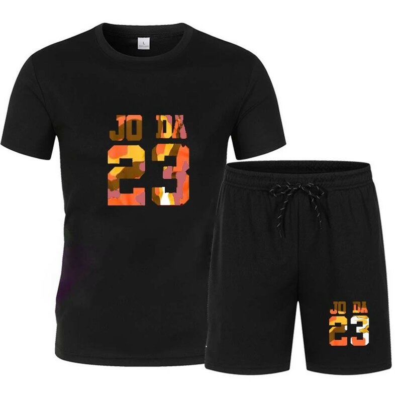 Conjunto de t-shirt e calções de manga curta respirável masculino, conjunto desportivo, estampado, moda lazer, verão, quente, 2024