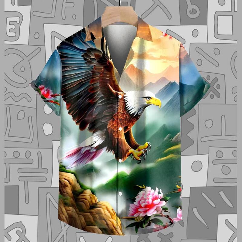Camisa con estampado de águila para hombre, camisa informal de manga corta con cuello de solapa, Tops originales, blusa con botones de gran tamaño